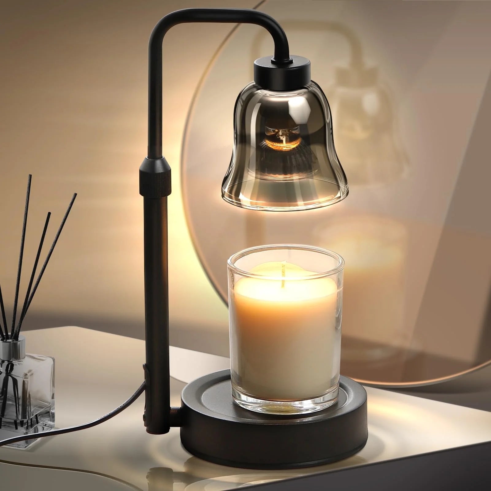 Stylish Dimmable Candle Warmer Lamp with Timer - Adjustable Height in Sleek Black
